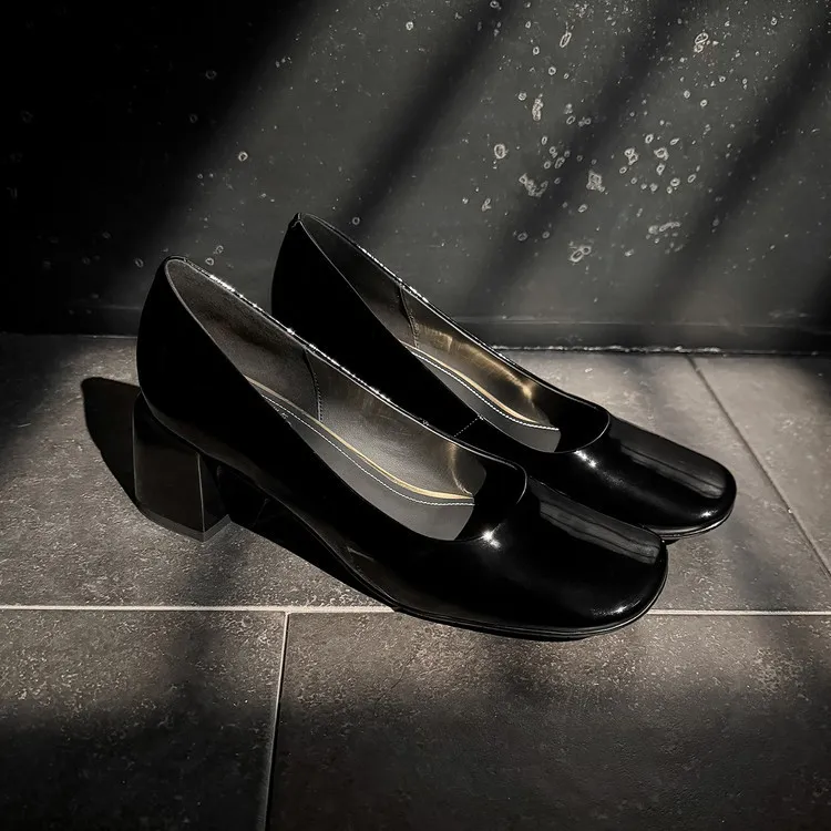 Spring single shoes, square toe, chunky heel, slip-on cowhide fashion women's shoes, size 3-25u