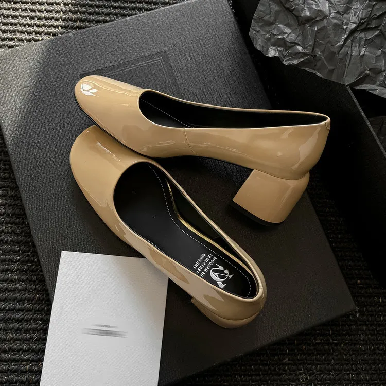 Spring single shoes, square toe, chunky heel, slip-on cowhide fashion women's shoes, size 3-25u