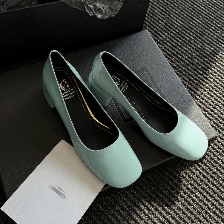 Spring single shoes, square toe, chunky heel, slip-on cowhide fashion women's shoes, size 3-25u