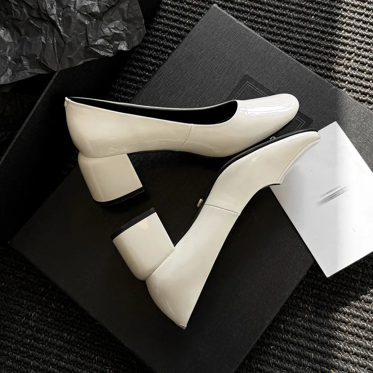 Spring single shoes, square toe, chunky heel, slip-on cowhide fashion women's shoes, size 3-25u