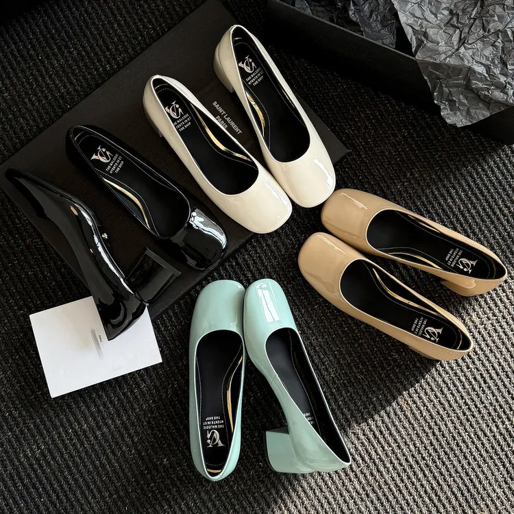 Spring single shoes, square toe, chunky heel, slip-on cowhide fashion women's shoes, size 3-25u