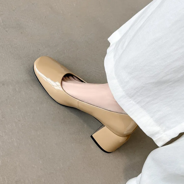 Spring single shoes, square toe, chunky heel, slip-on cowhide fashion women's shoes, size 3-25u