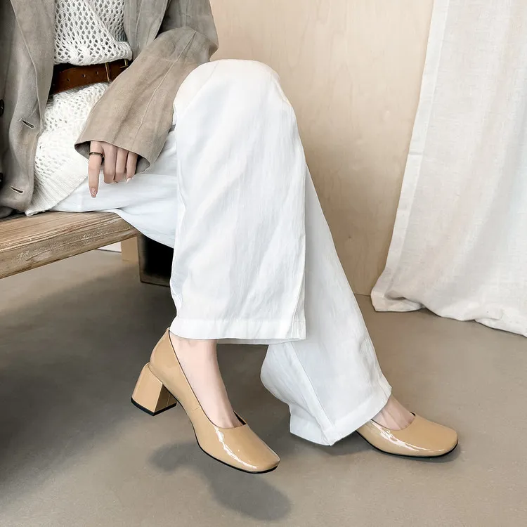Spring single shoes, square toe, chunky heel, slip-on cowhide fashion women's shoes, size 3-25u
