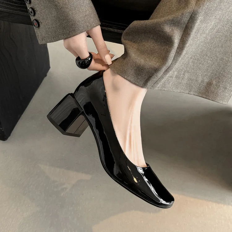 Spring single shoes, square toe, chunky heel, slip-on cowhide fashion women's shoes, size 3-25u