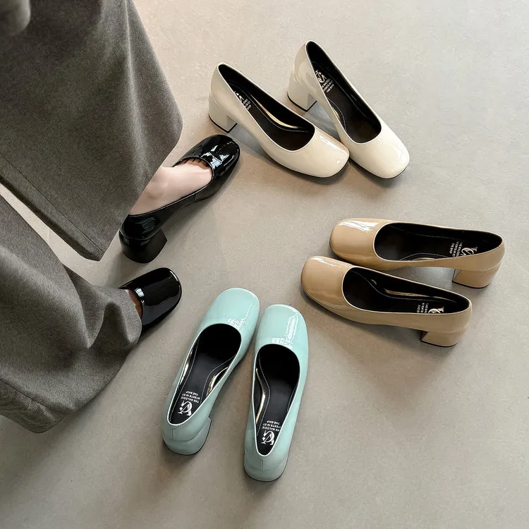 Spring single shoes, square toe, chunky heel, slip-on cowhide fashion women's shoes, size 3-25u