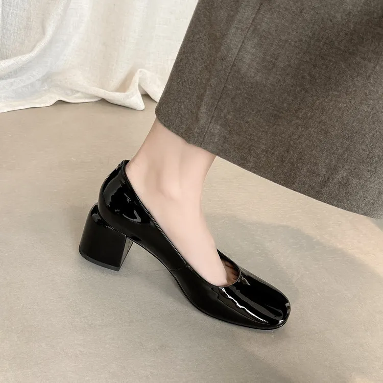 Spring single shoes, square toe, chunky heel, slip-on cowhide fashion women's shoes, size 3-25u