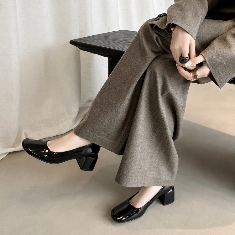 Spring single shoes, square toe, chunky heel, slip-on cowhide fashion women's shoes, size 3-25u