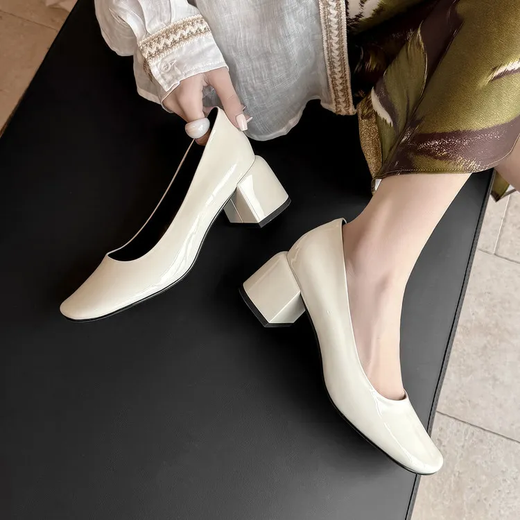 Spring single shoes, square toe, chunky heel, slip-on cowhide fashion women's shoes, size 3-25u