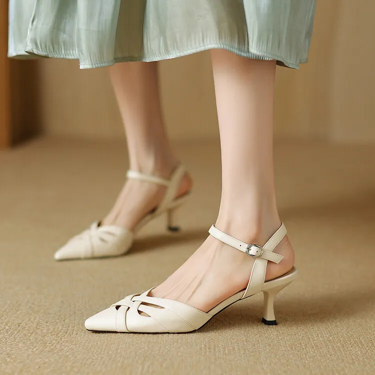 Summer pointed-toe stiletto heel buckle cowhide women's shoes 3-31q
