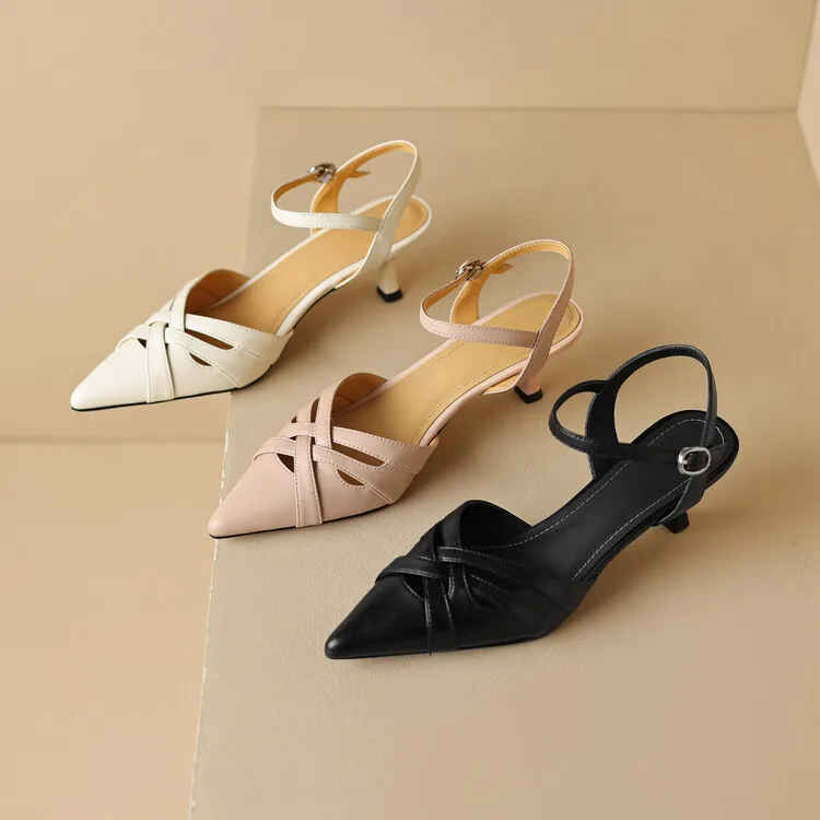 Summer pointed-toe stiletto heel buckle cowhide women's shoes 3-31q