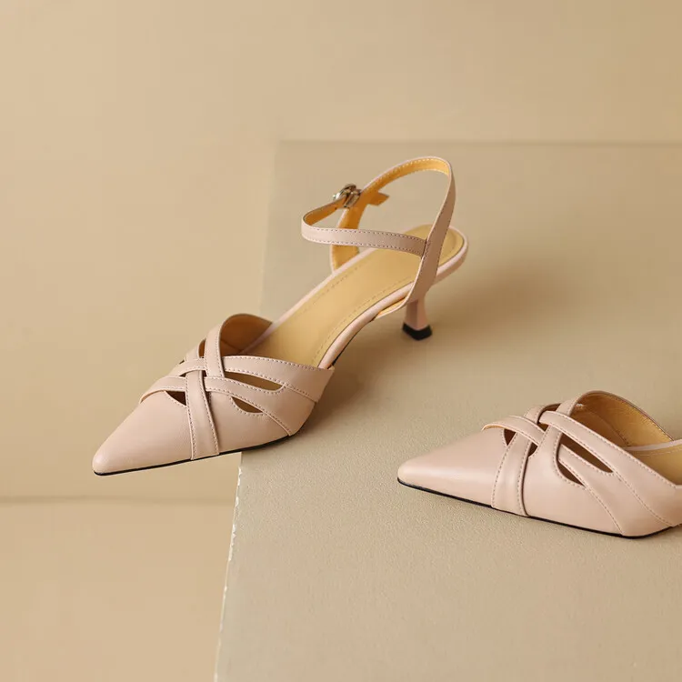 Summer pointed-toe stiletto heel buckle cowhide women's shoes 3-31q