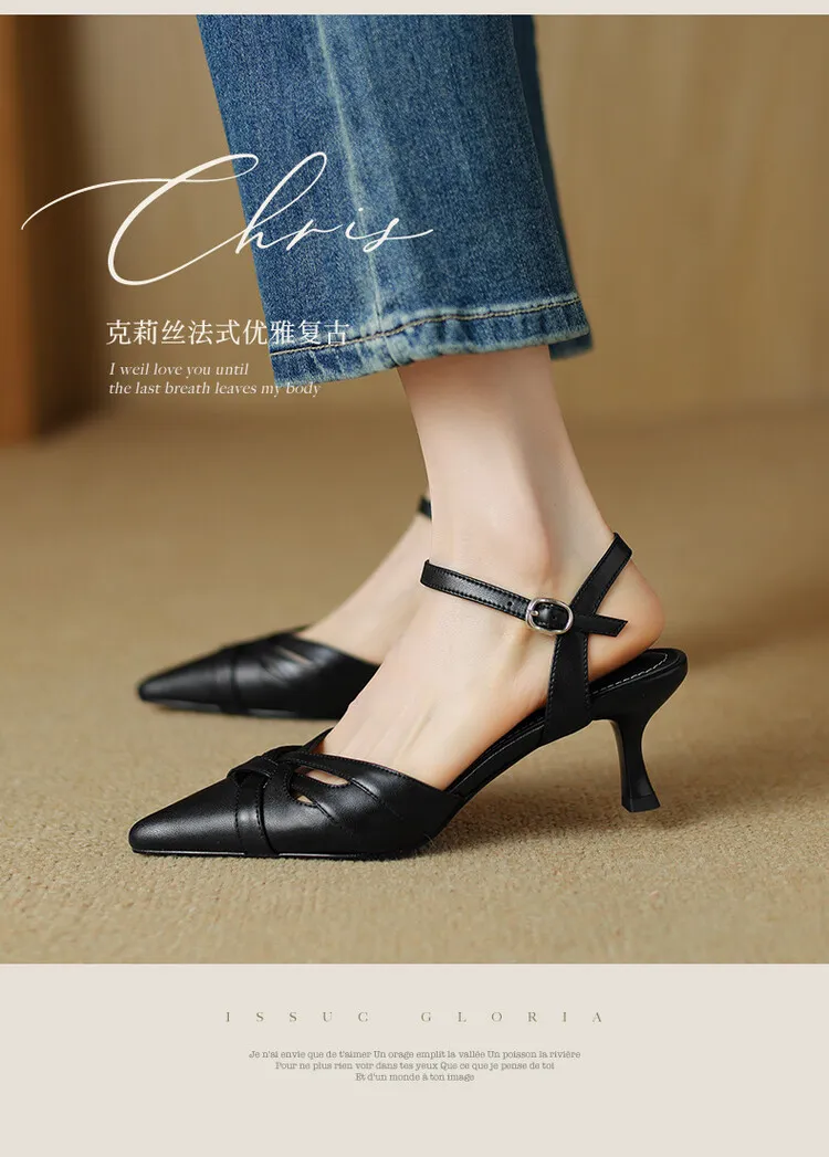 Summer pointed-toe stiletto heel buckle cowhide women's shoes 3-31q