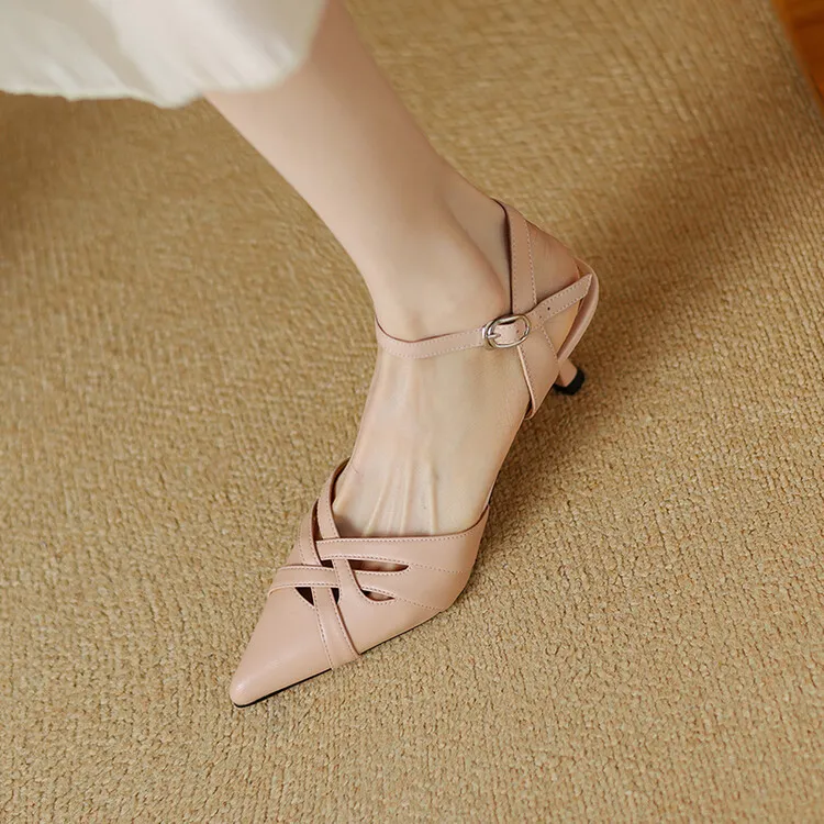 Summer pointed-toe stiletto heel buckle cowhide women's shoes 3-31q