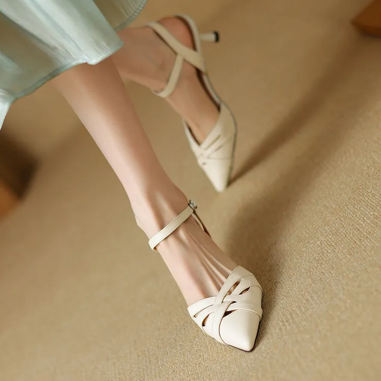 Summer pointed-toe stiletto heel buckle cowhide women's shoes 3-31q