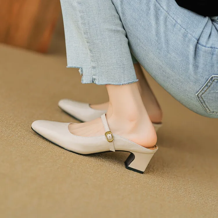 Comfortable and retro-style sheepskin open-back sandals, chunky heels, sheepskin closed-toe mules, Mary Jane shoes.
