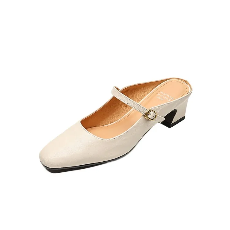 Comfortable and retro-style sheepskin open-back sandals, chunky heels, sheepskin closed-toe mules, Mary Jane shoes.