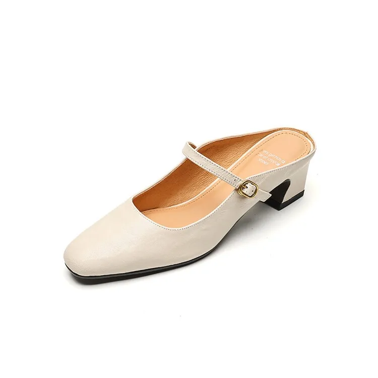 Comfortable and retro-style sheepskin open-back sandals, chunky heels, sheepskin closed-toe mules, Mary Jane shoes.