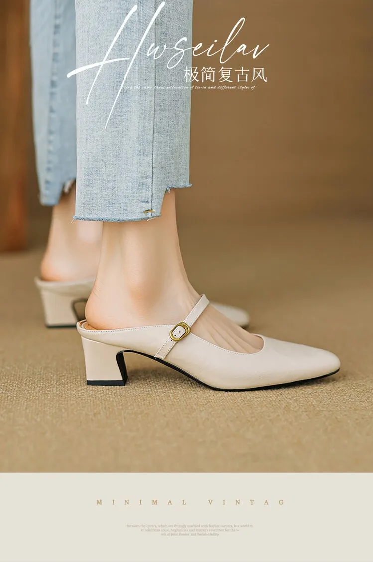 Comfortable and retro-style sheepskin open-back sandals, chunky heels, sheepskin closed-toe mules, Mary Jane shoes.