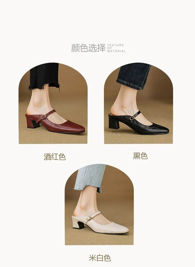 Comfortable and retro-style sheepskin open-back sandals, chunky heels, sheepskin closed-toe mules, Mary Jane shoes.