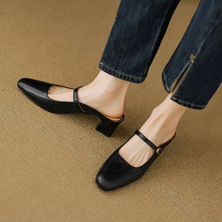 Comfortable and retro-style sheepskin open-back sandals, chunky heels, sheepskin closed-toe mules, Mary Jane shoes.
