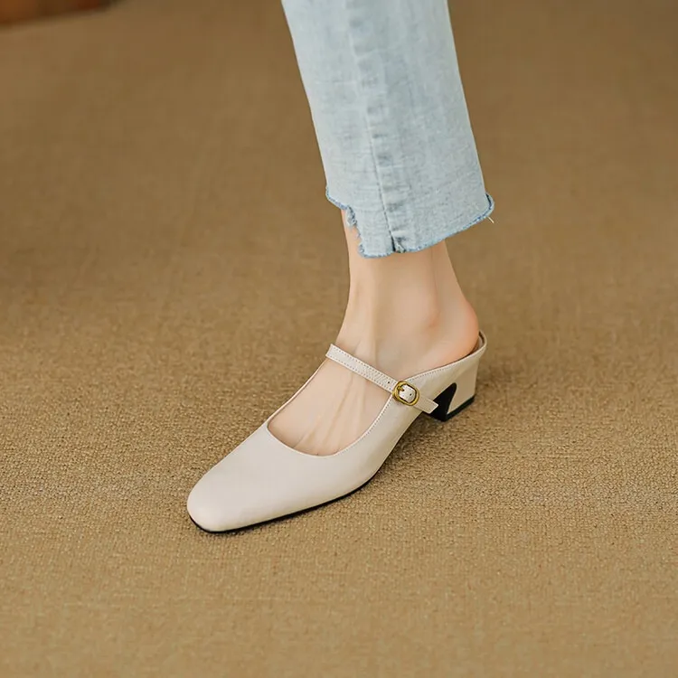 Comfortable and retro-style sheepskin open-back sandals, chunky heels, sheepskin closed-toe mules, Mary Jane shoes.