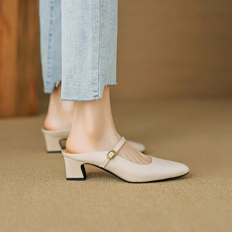 Comfortable and retro-style sheepskin open-back sandals, chunky heels, sheepskin closed-toe mules, Mary Jane shoes.