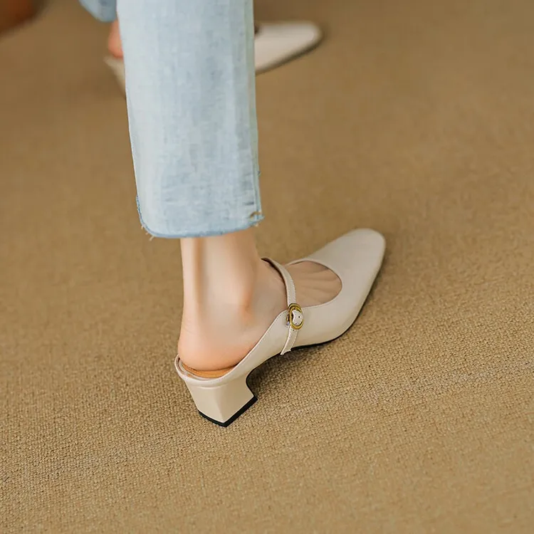 Comfortable and retro-style sheepskin open-back sandals, chunky heels, sheepskin closed-toe mules, Mary Jane shoes.