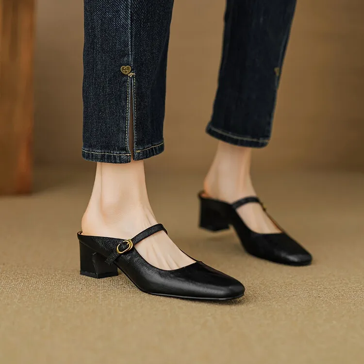 Comfortable and retro-style sheepskin open-back sandals, chunky heels, sheepskin closed-toe mules, Mary Jane shoes.