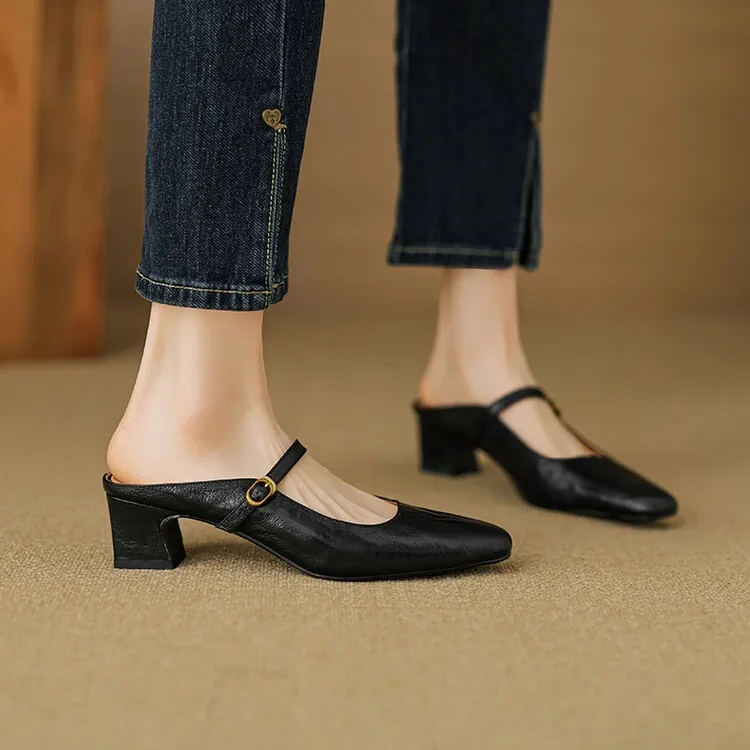 Comfortable and retro-style sheepskin open-back sandals, chunky heels, sheepskin closed-toe mules, Mary Jane shoes.
