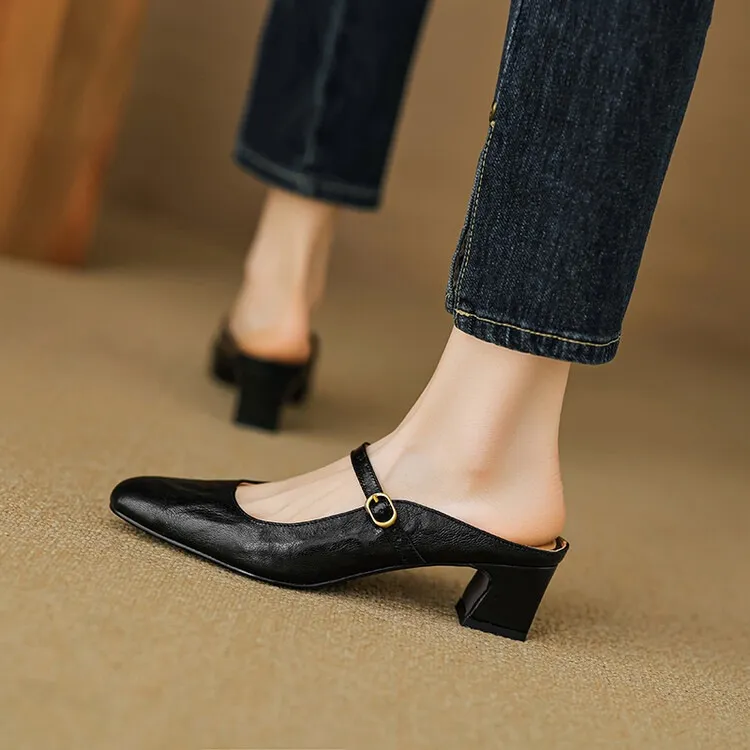 Comfortable and retro-style sheepskin open-back sandals, chunky heels, sheepskin closed-toe mules, Mary Jane shoes.