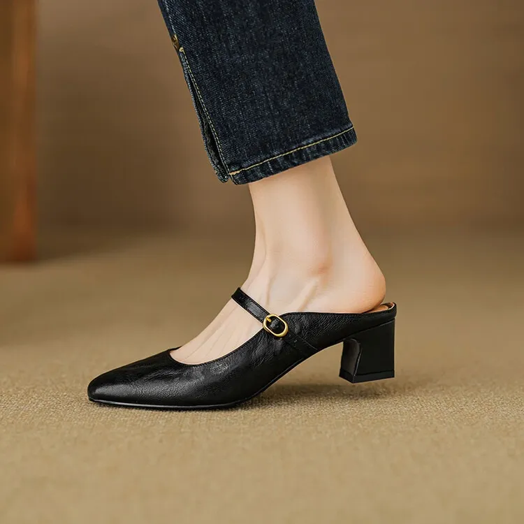 Comfortable and retro-style sheepskin open-back sandals, chunky heels, sheepskin closed-toe mules, Mary Jane shoes.