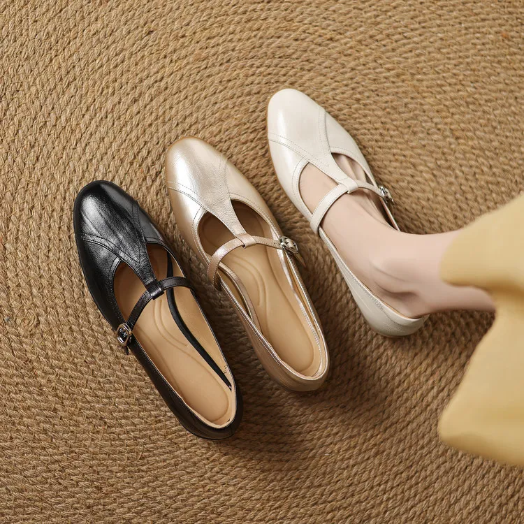 Women's T-strap Mary Jane shoes, stiletto heels, pointed toes, low-cut flats, early spring new arrivals, sheepskin distressed high heels.