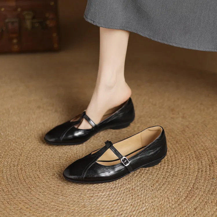 Women's T-strap Mary Jane shoes, stiletto heels, pointed toes, low-cut flats, early spring new arrivals, sheepskin distressed high heels.
