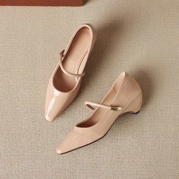Spring single-shoe square-toe wedge heel sheepskin fashion women's shoes 3-31o