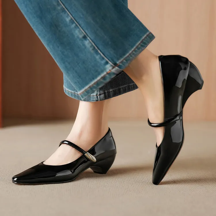 Spring single-shoe square-toe wedge heel sheepskin fashion women's shoes 3-31o