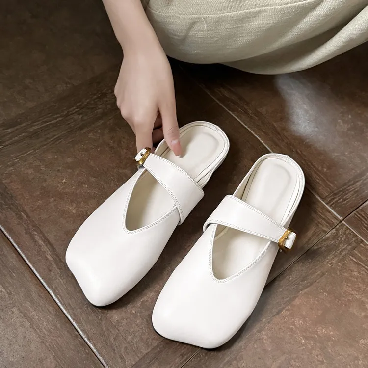 Spring Slippers, Square Toe, Closed Toe, Buckle, Fashionable Cowhide Comfortable Women's Shoes, 3-31p