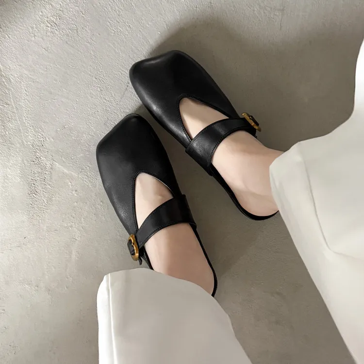 Spring Slippers, Square Toe, Closed Toe, Buckle, Fashionable Cowhide Comfortable Women's Shoes, 3-31p