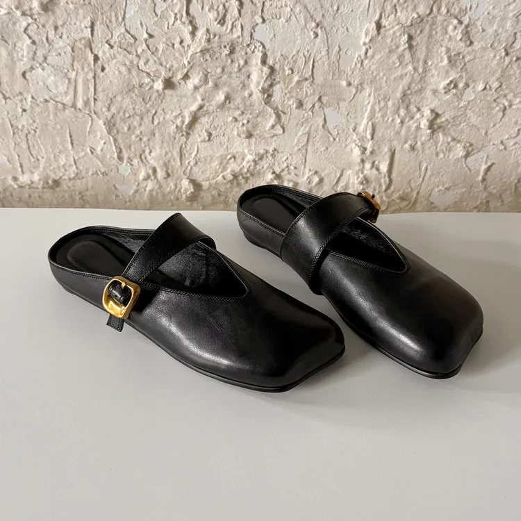 Spring Slippers, Square Toe, Closed Toe, Buckle, Fashionable Cowhide Comfortable Women's Shoes, 3-31p