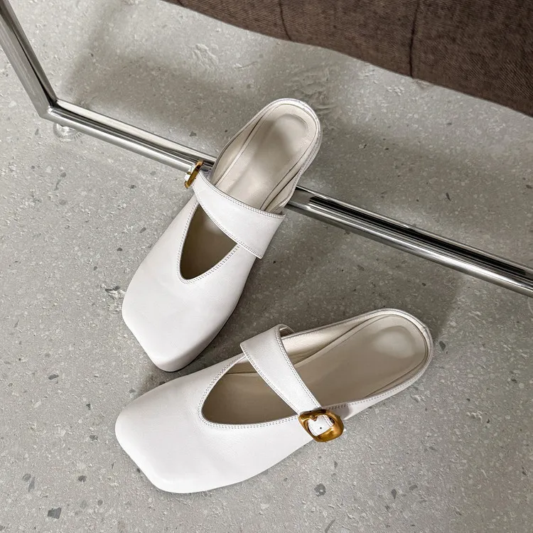 Spring Slippers, Square Toe, Closed Toe, Buckle, Fashionable Cowhide Comfortable Women's Shoes, 3-31p