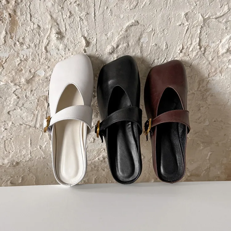 Spring Slippers, Square Toe, Closed Toe, Buckle, Fashionable Cowhide Comfortable Women's Shoes, 3-31p