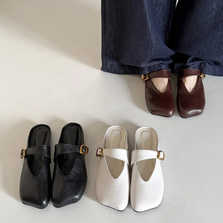 Spring Slippers, Square Toe, Closed Toe, Buckle, Fashionable Cowhide Comfortable Women's Shoes, 3-31p