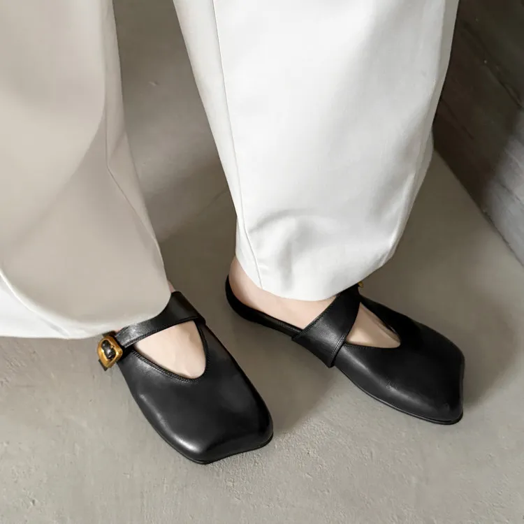 Spring Slippers, Square Toe, Closed Toe, Buckle, Fashionable Cowhide Comfortable Women's Shoes, 3-31p