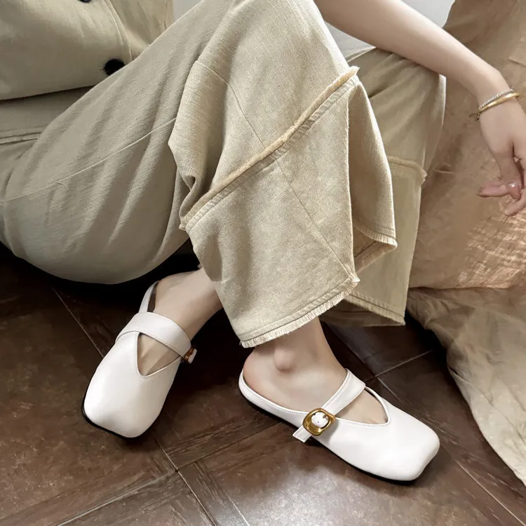 Spring Slippers, Square Toe, Closed Toe, Buckle, Fashionable Cowhide Comfortable Women's Shoes, 3-31p