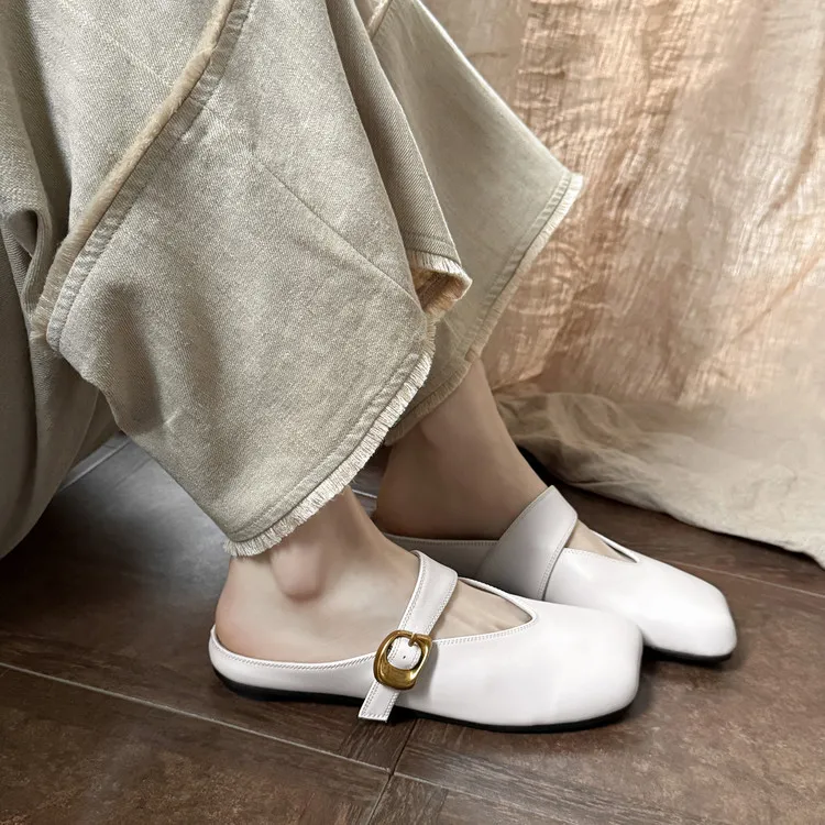 Spring Slippers, Square Toe, Closed Toe, Buckle, Fashionable Cowhide Comfortable Women's Shoes, 3-31p
