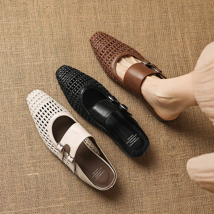 Summer sandals, square toe, wedge heel, openwork woven fashion women's shoes, 3-30w