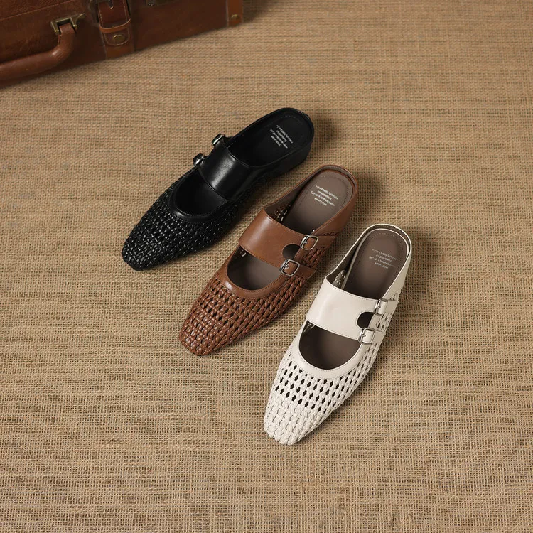 Summer sandals, square toe, wedge heel, openwork woven fashion women's shoes, 3-30w