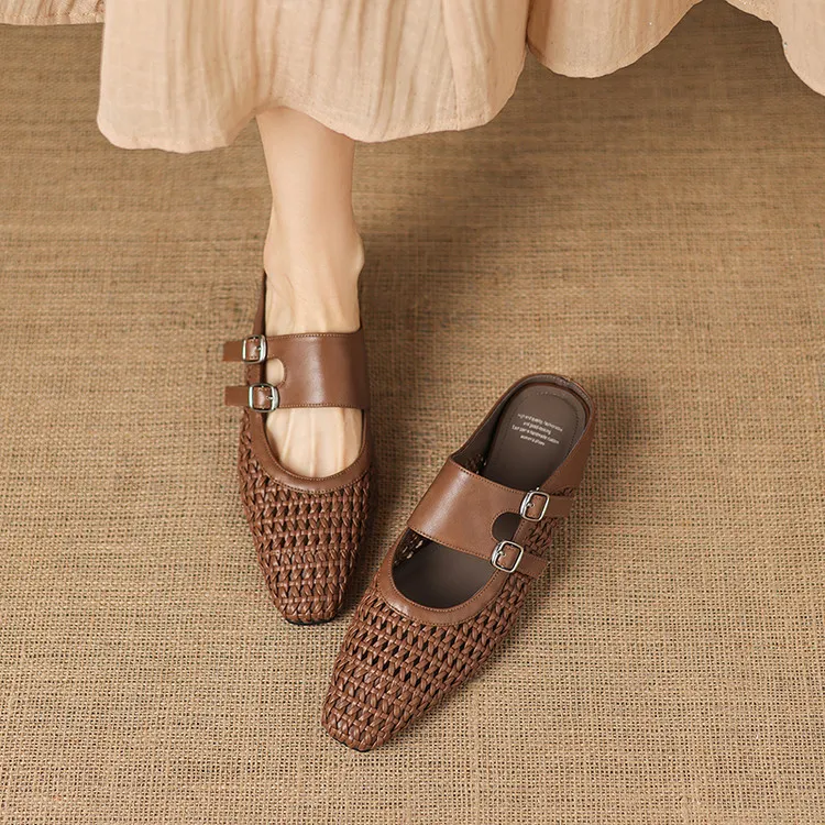 Summer sandals, square toe, wedge heel, openwork woven fashion women's shoes, 3-30w