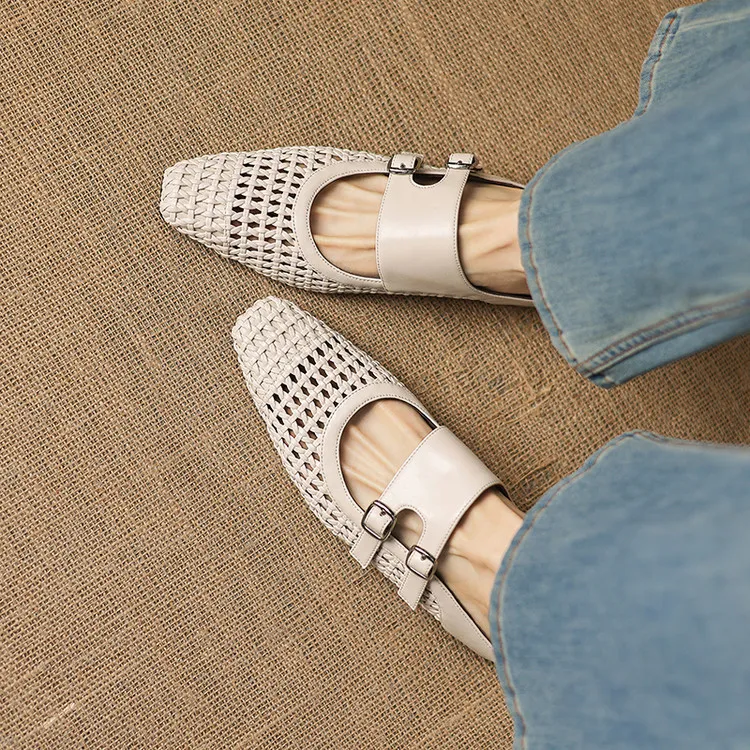 Summer sandals, square toe, wedge heel, openwork woven fashion women's shoes, 3-30w