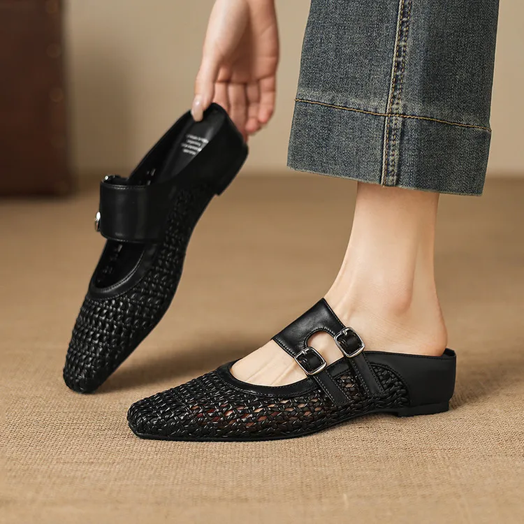 Summer sandals, square toe, wedge heel, openwork woven fashion women's shoes, 3-30w