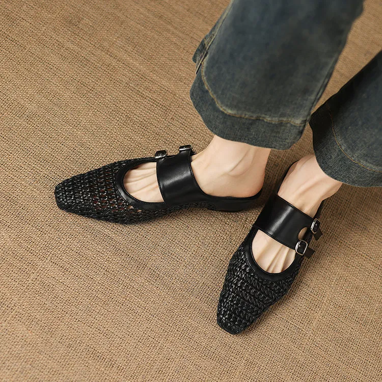 Summer sandals, square toe, wedge heel, openwork woven fashion women's shoes, 3-30w